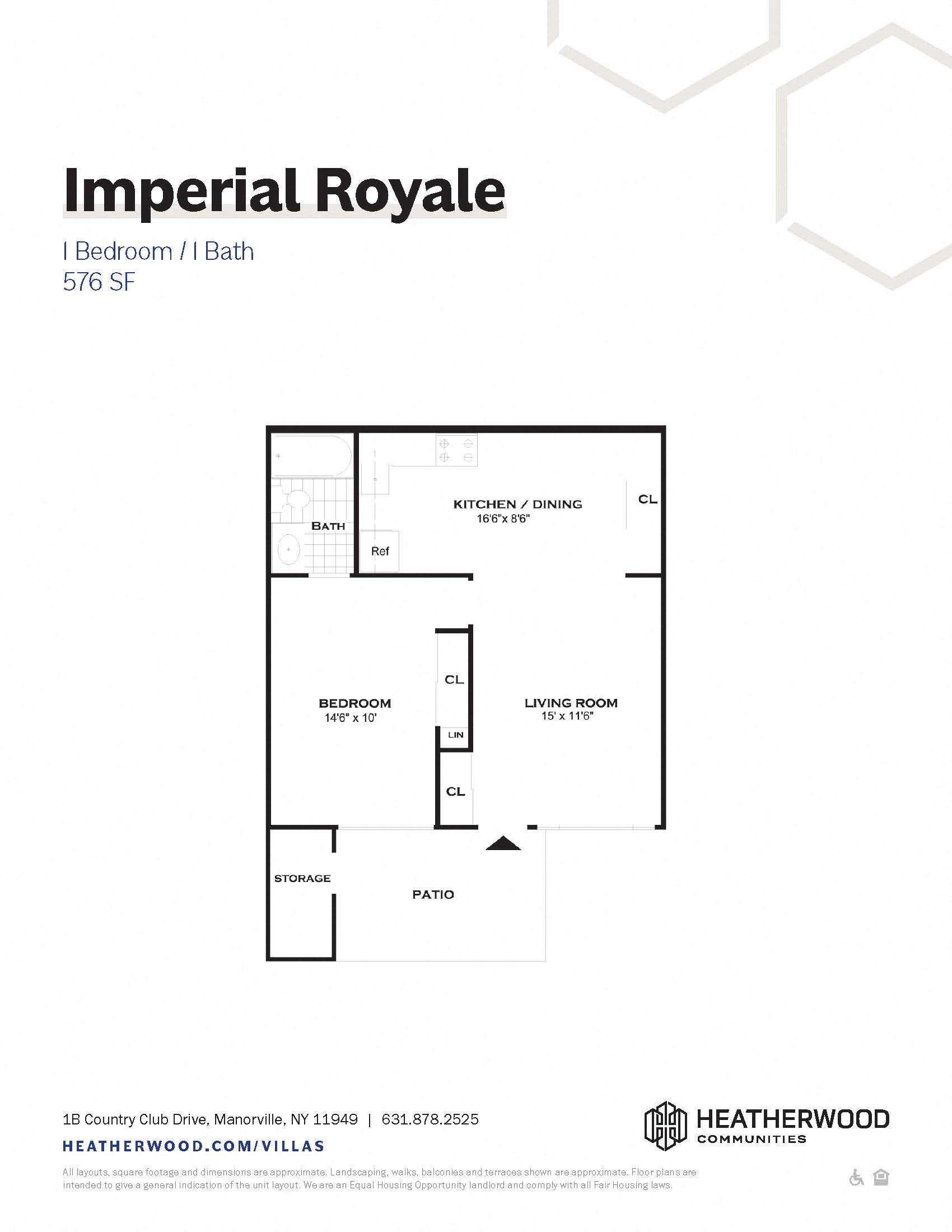 Floor plan for 1 bed, 1 bath, 576 sqft